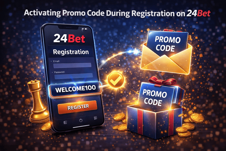 Активация промокода при регистрации на сайте 24Bet с полем для ввода кода, созданием аккаунта и подключением бонусного предложения